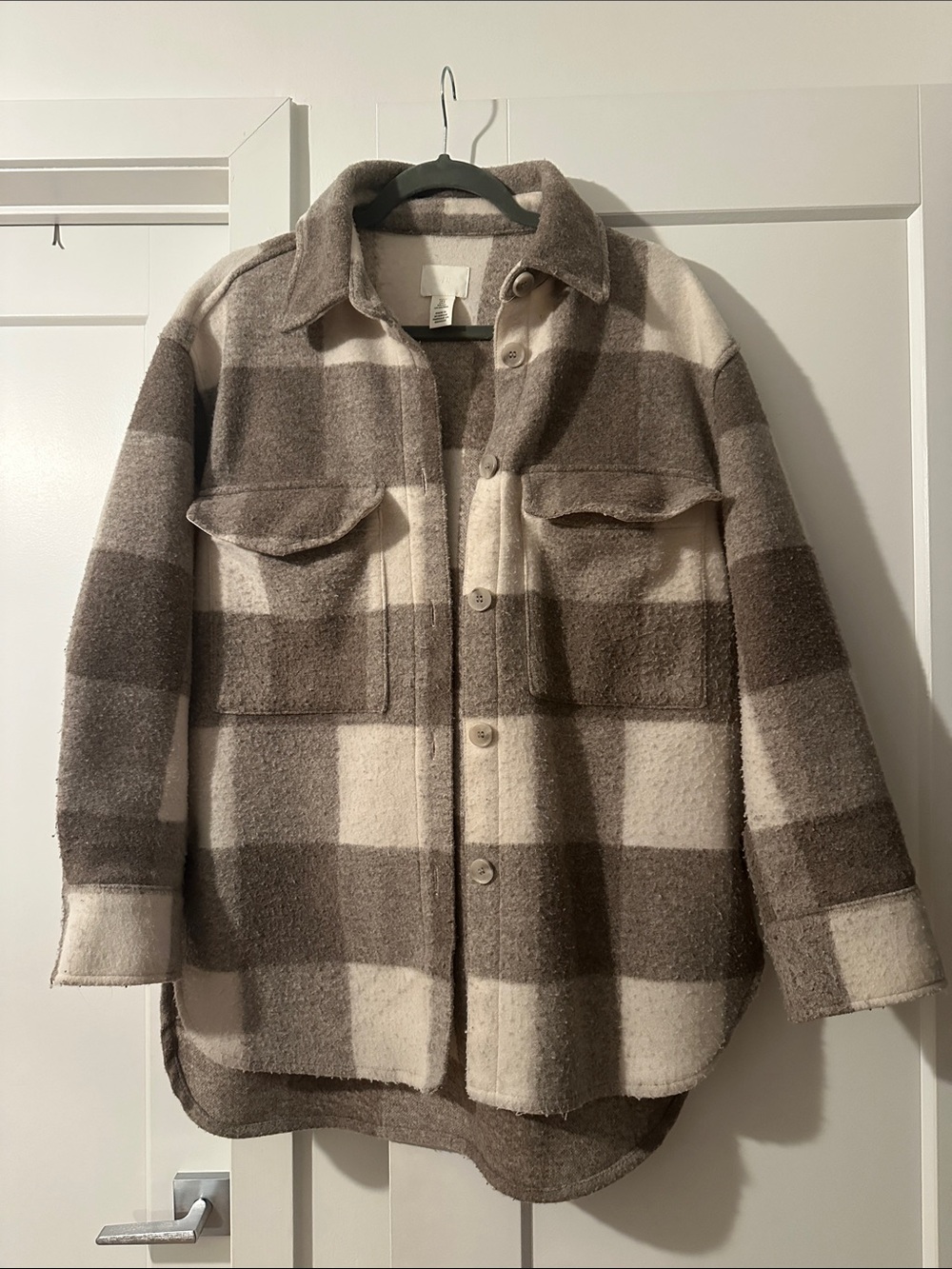H&M Plaid Utility Shacket in Cream and Brown